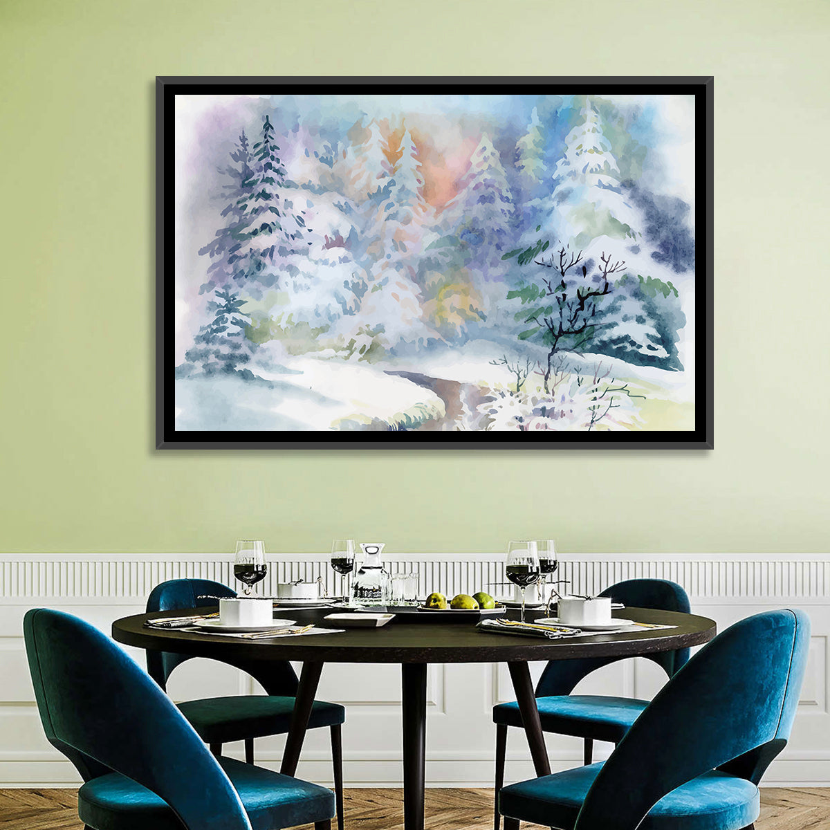 Winding Winter Stream Watercolor Wall Art in a room, landscape