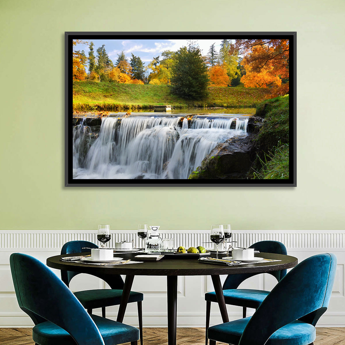 Autumn Forest Waterfall Wall Art in a room, landscape