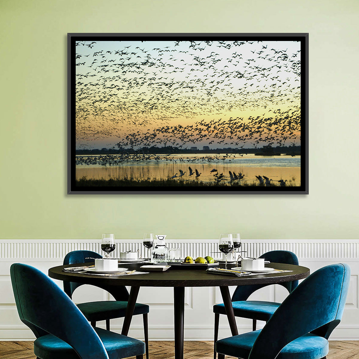 Snow Geese Over River Wall Art in a room, landscape