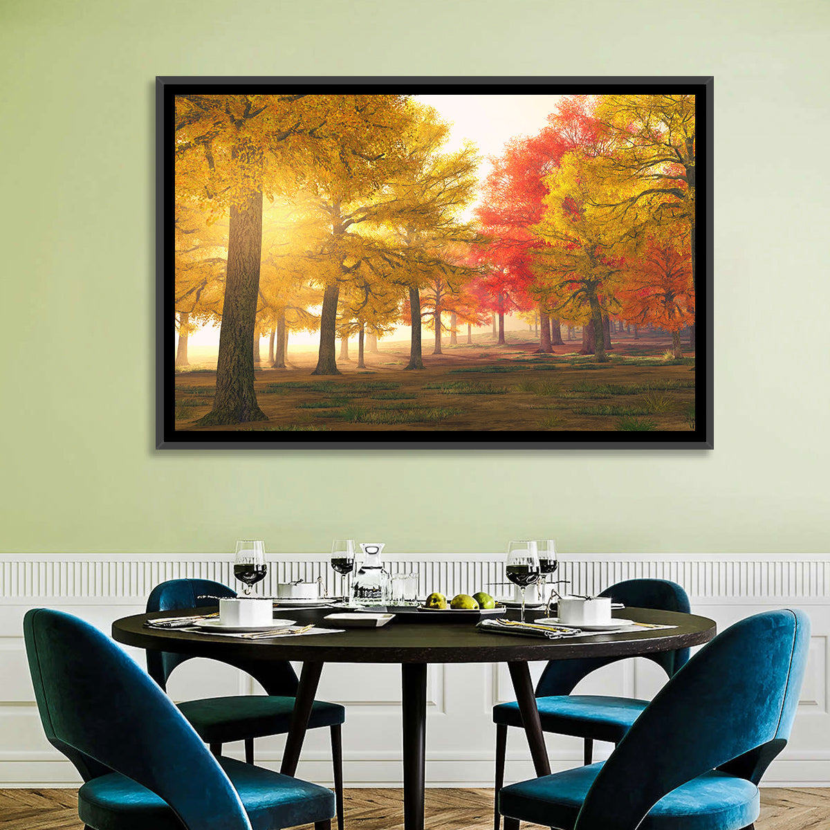 Foggy Autumn Forest Wall Art in a room, landscape