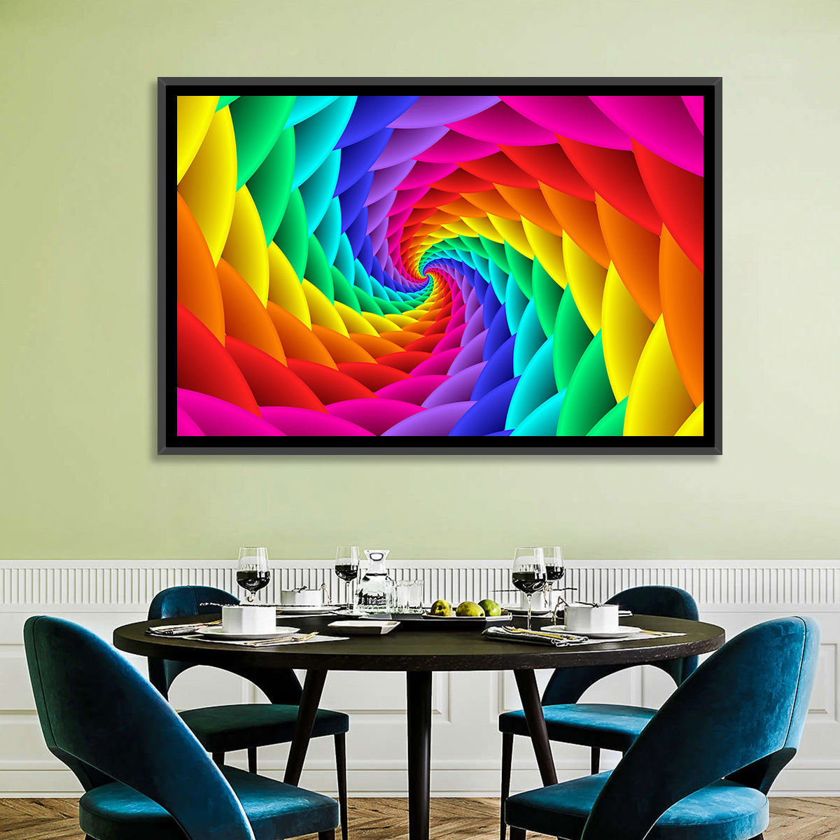 Rainbow Spiral Vortex Tunnel Wall Art in a room, landscape