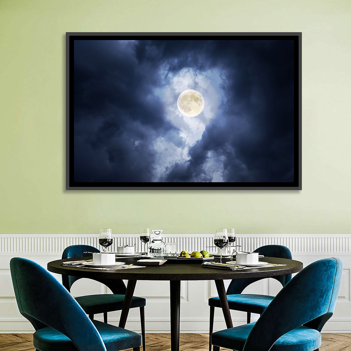Supermoon Through Storm Clouds Wall Art in a room, landscape