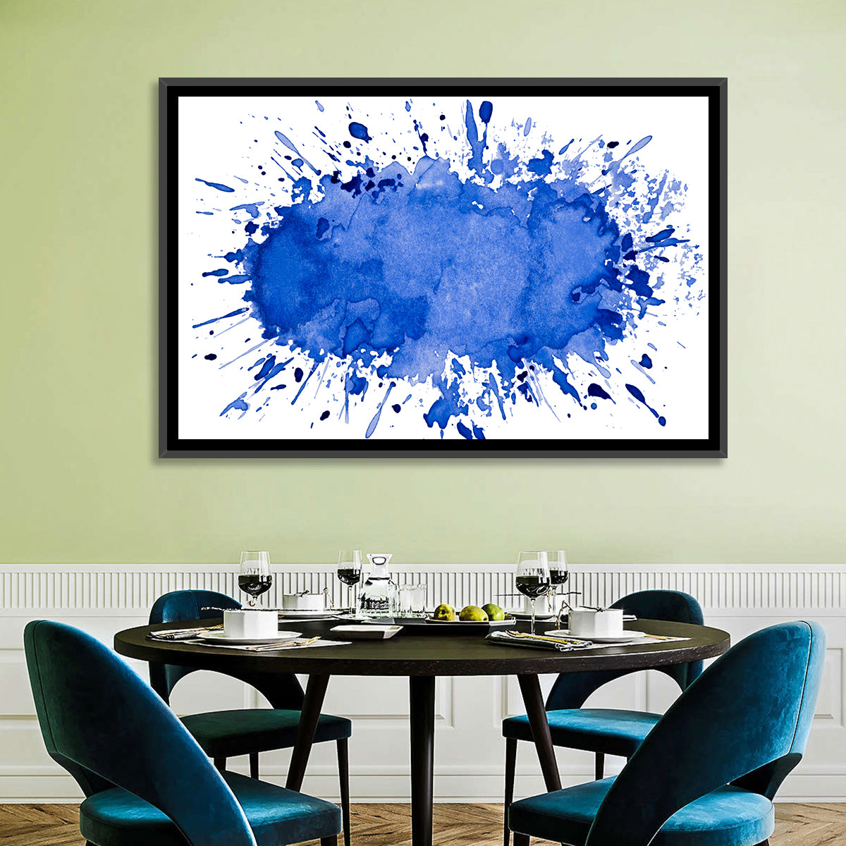 Blue Ink Splash Wall Art in a room, landscape
