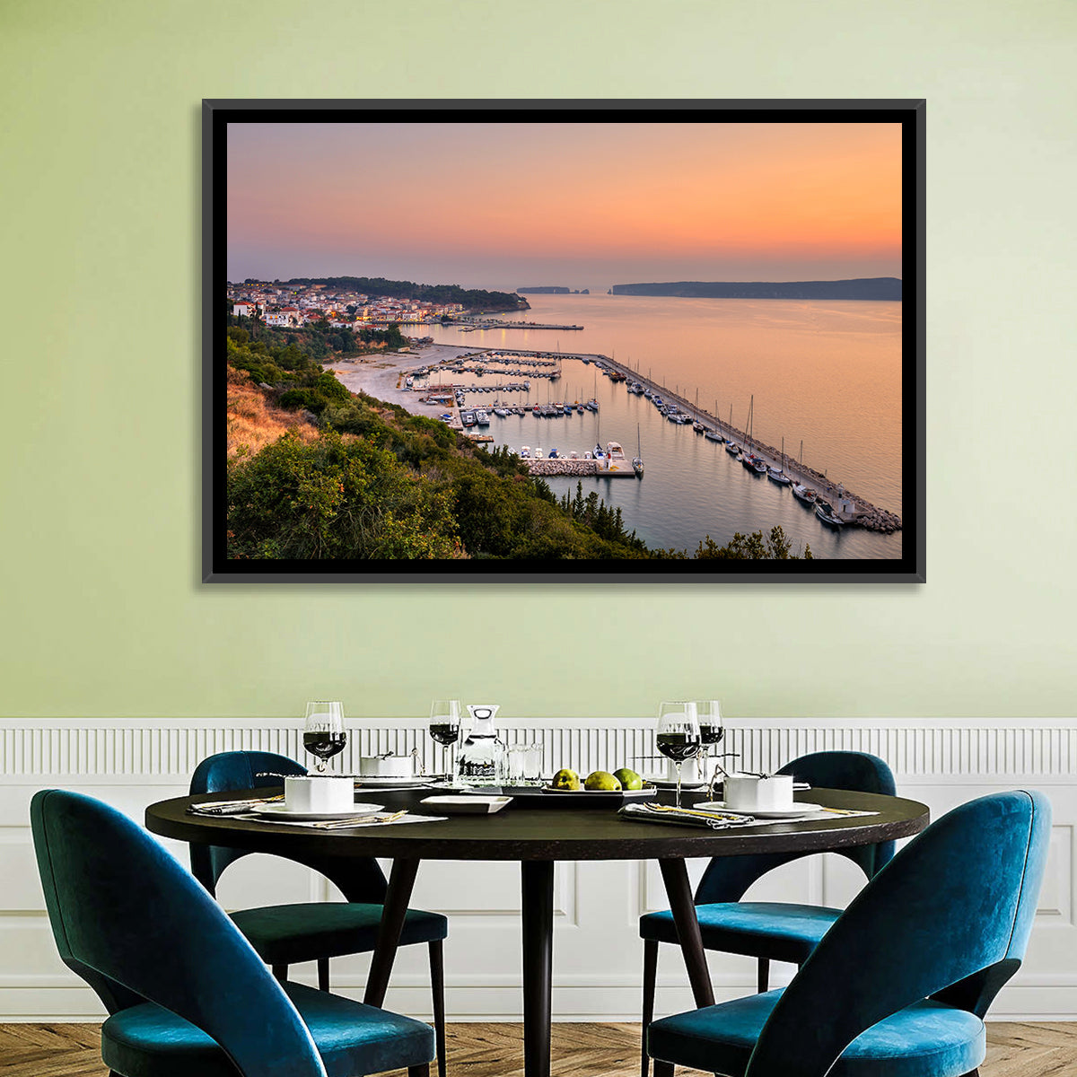 Pylos Harbor Lighthouse Sunset Wall Art in a room, landscape
