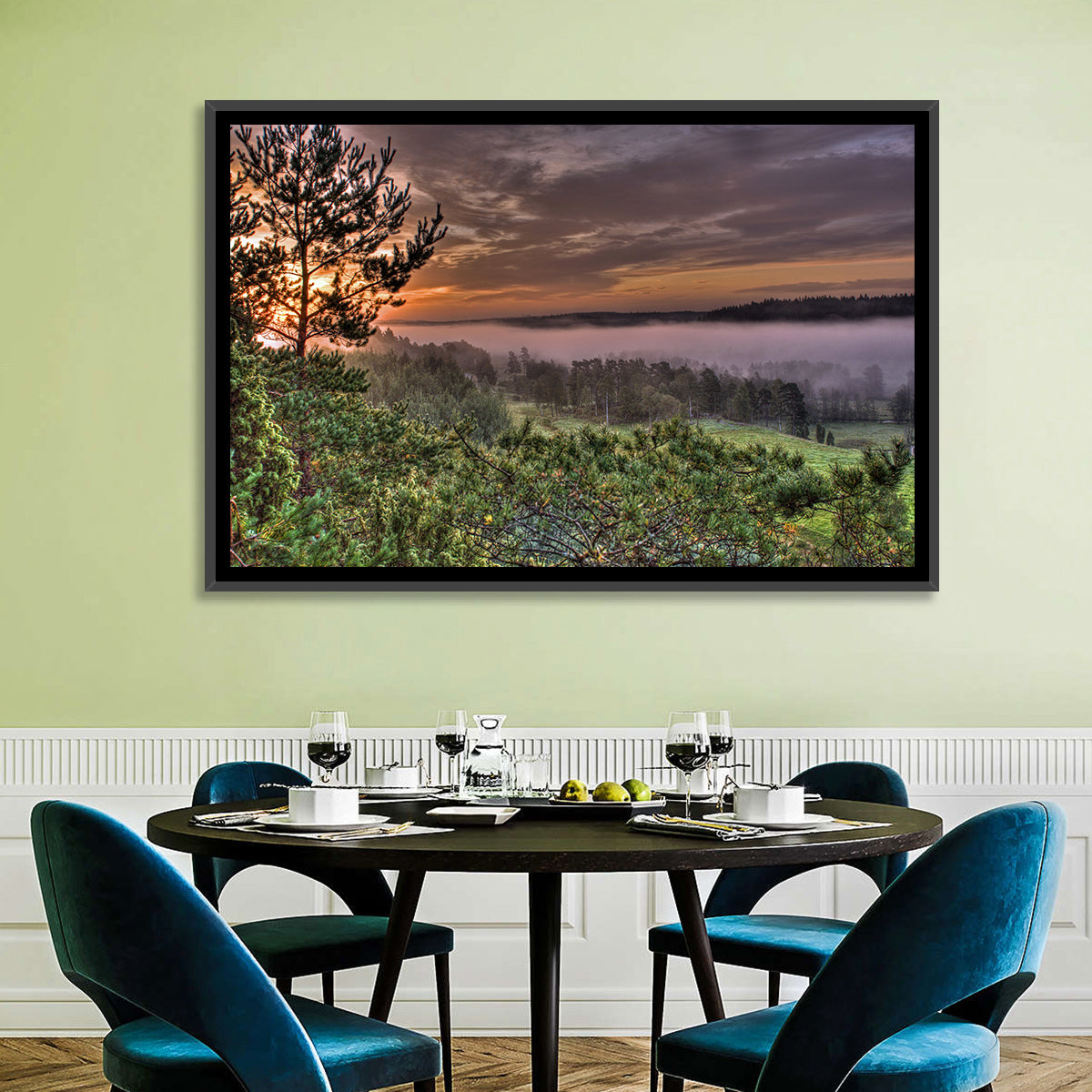 Misty Swedish Pine Valley Wall Art in a room, landscape