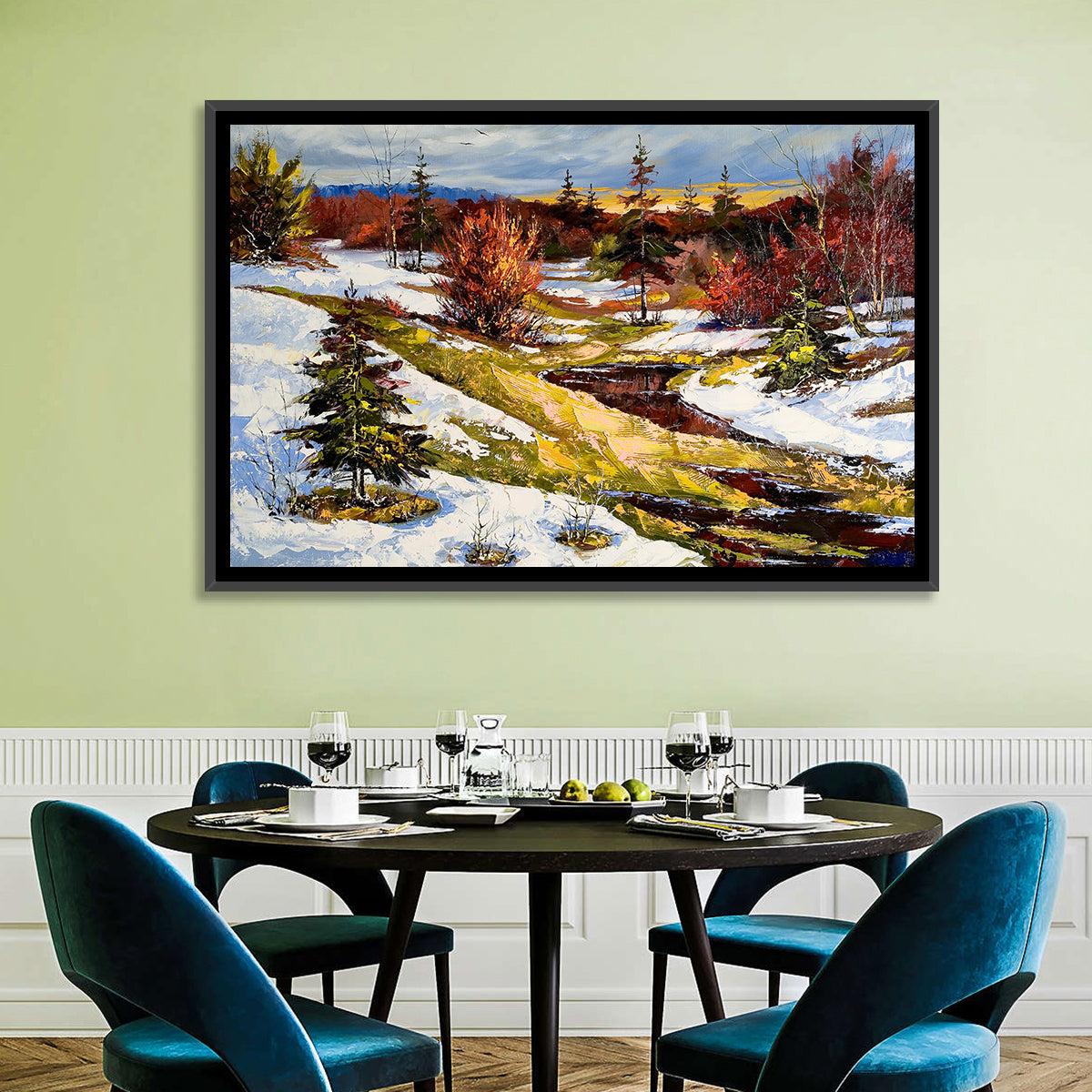Snowy Stream Through Evergreens Wall Art