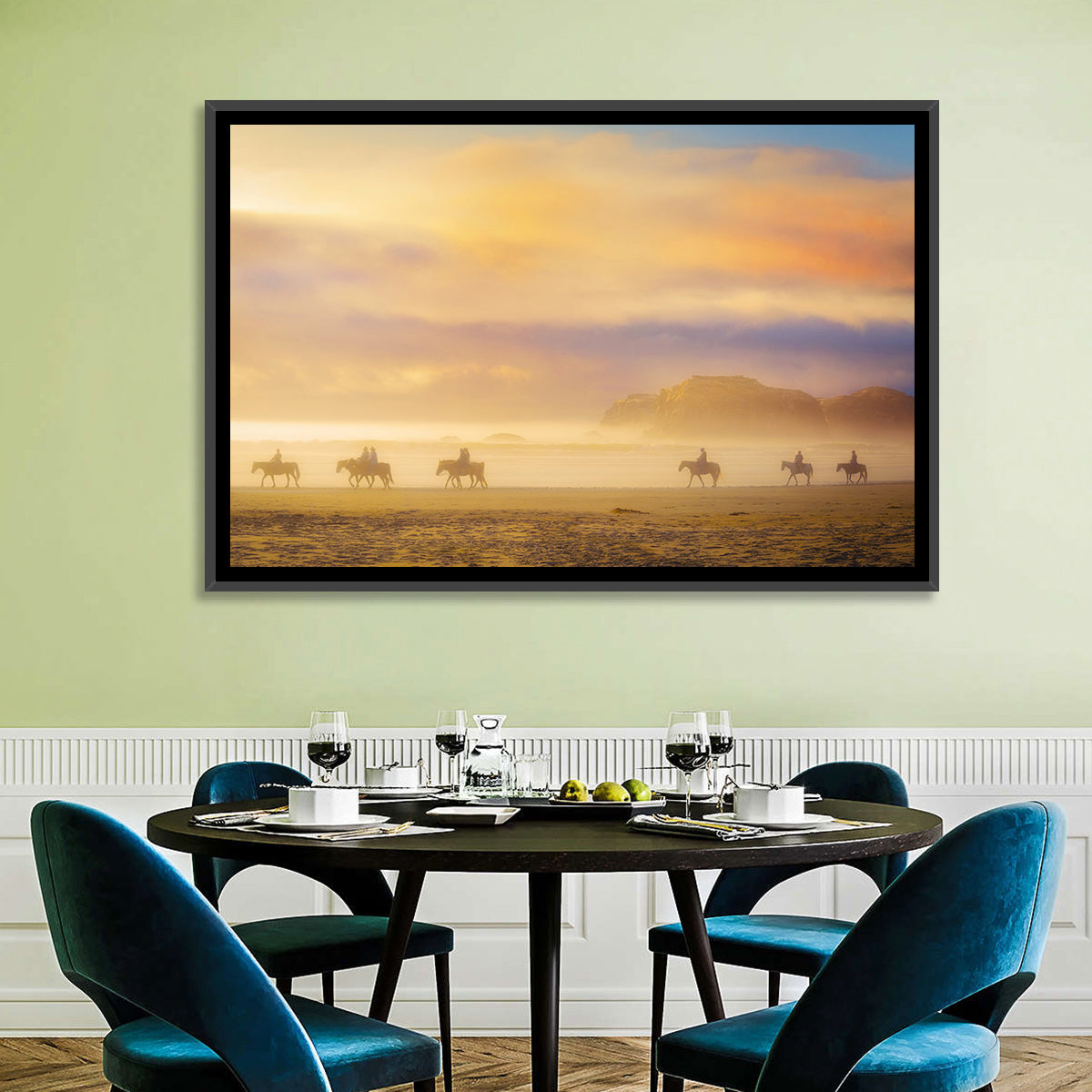 Misty Beach Horseback Riders Wall Art in a room, landscape