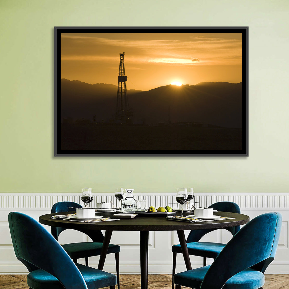 Sunrise Over Drilling Rig Wall Art in a room, landscape