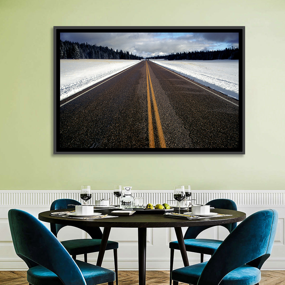 Winter Road Through Pine Forest Wall Art in a room, landscape