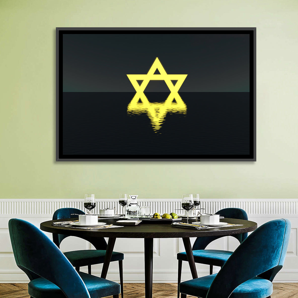 Glowing Star of David Reflection Wall Art in a room, landscape