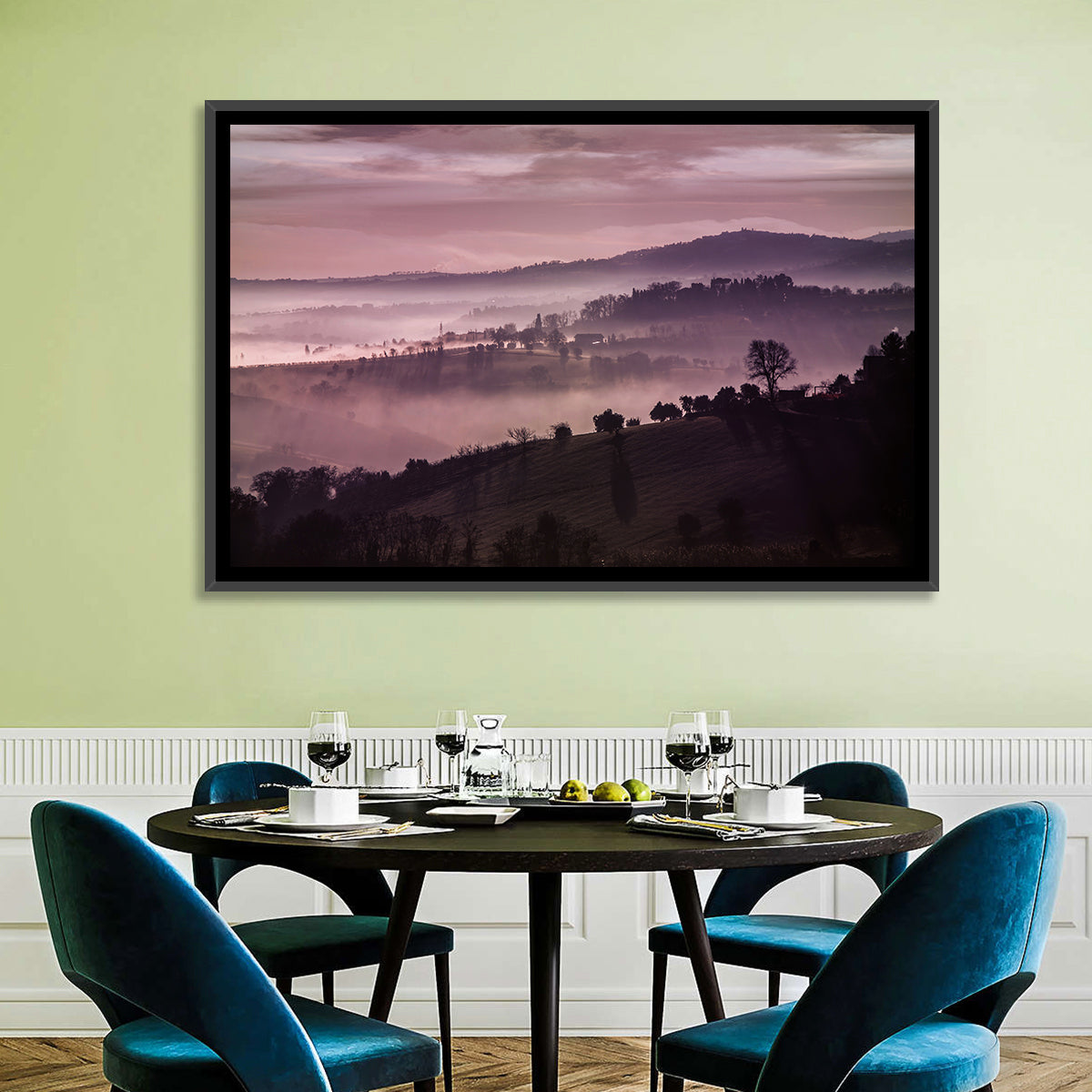 Misty Lavender Hills Wall Art in a room, landscape
