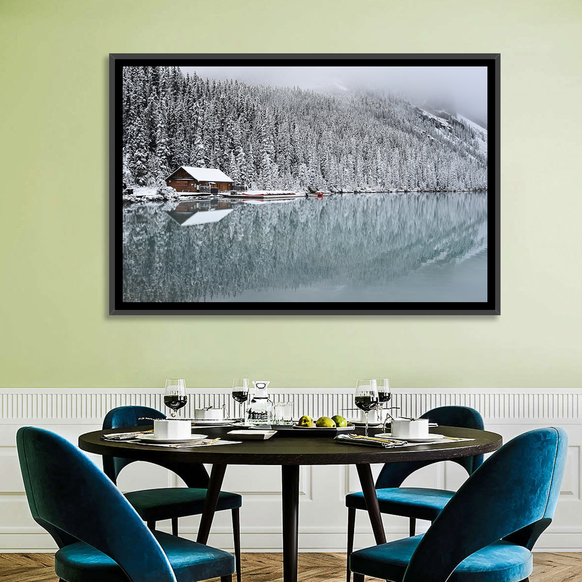 Lake Louise Winter Reflection Wall Art in a room, landscape