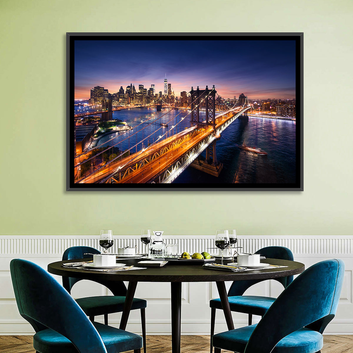 Sunset Over Manhattan Bridges Wall Art in a room, landscape