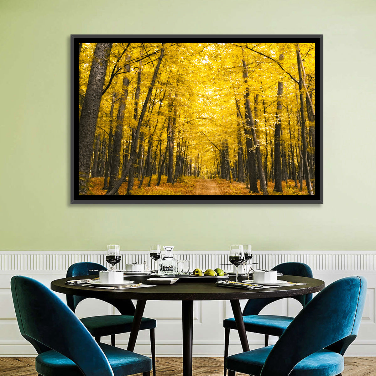Yellow Autumn Forest Path Wall Art in a room, landscape