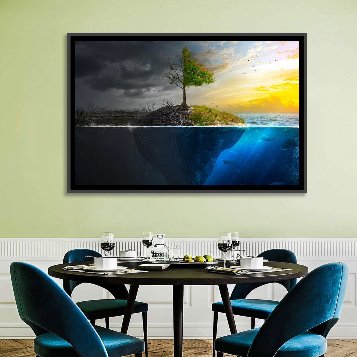 Split Island Tree of Duality Wall Art in a room, landscape