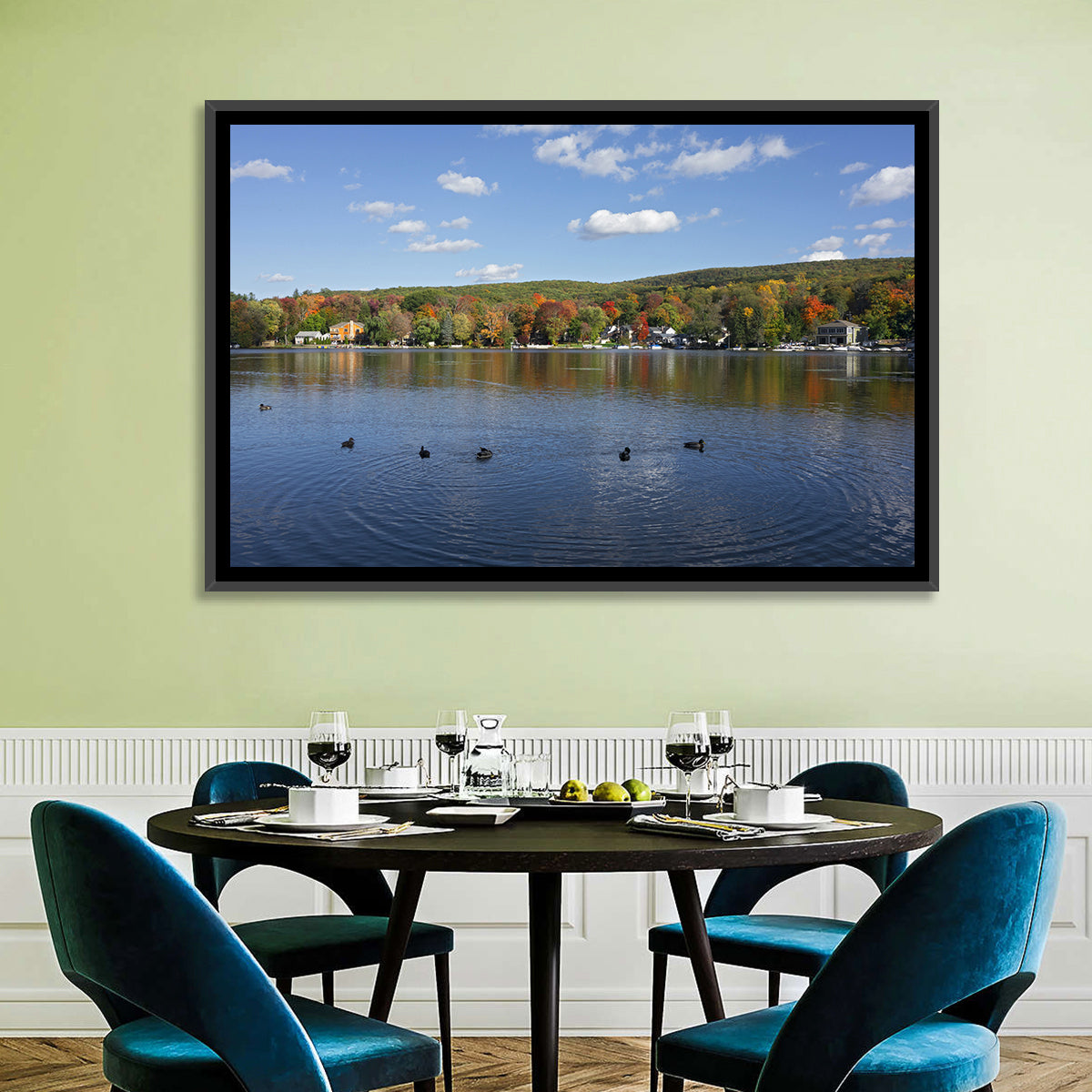 Greenwood Lake Autumn Landscape Wall Art in a room, landscape
