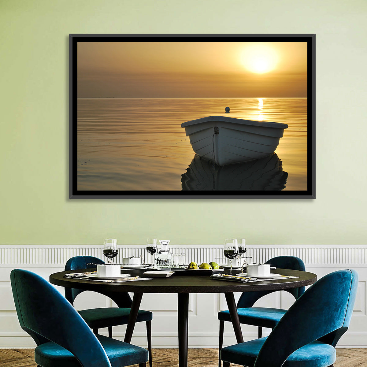 White Rowboat on Golden Sea Wall Art in a room, landscape
