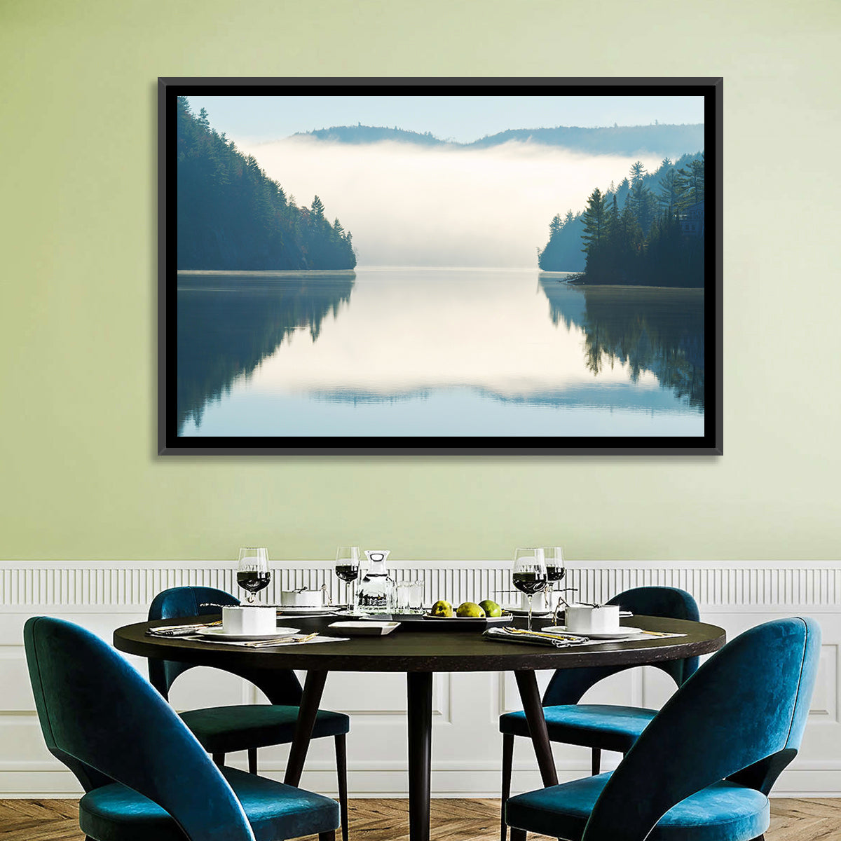 Foggy Lake Morning Wall Art in a room, landscape