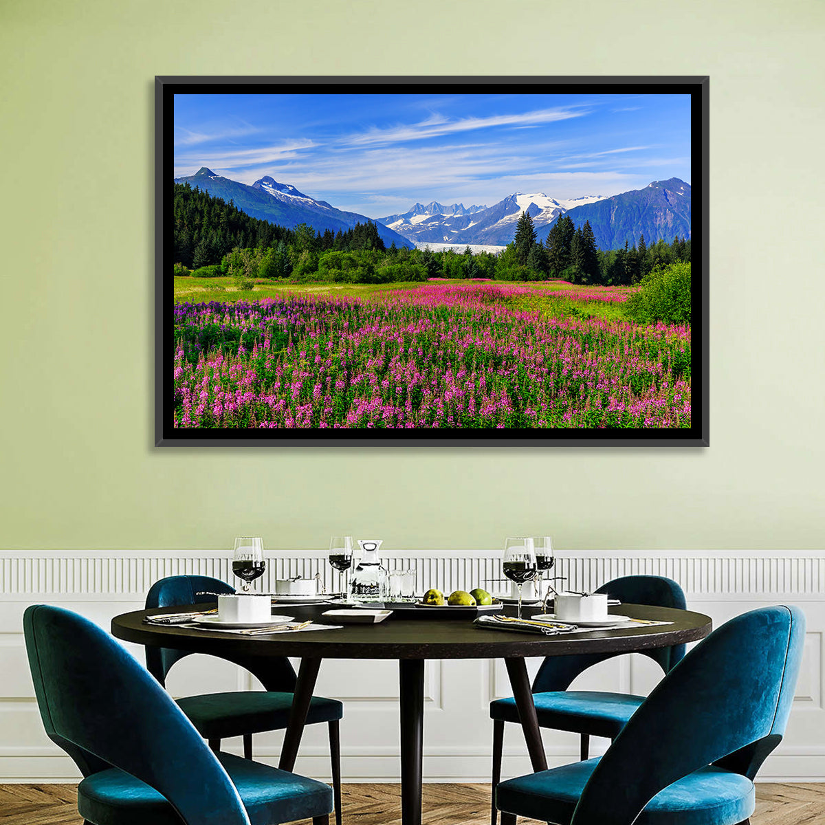 Juneau Meadow with Mendenhall Glacier Wall Art in a room, landscape
