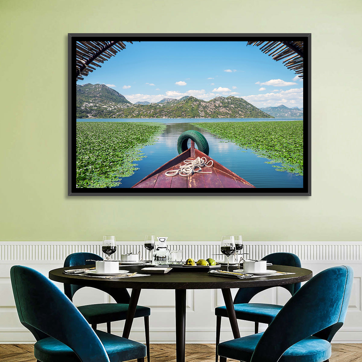 Bow of a Boat at Shkodra Lake Wall Art in a room, landscape