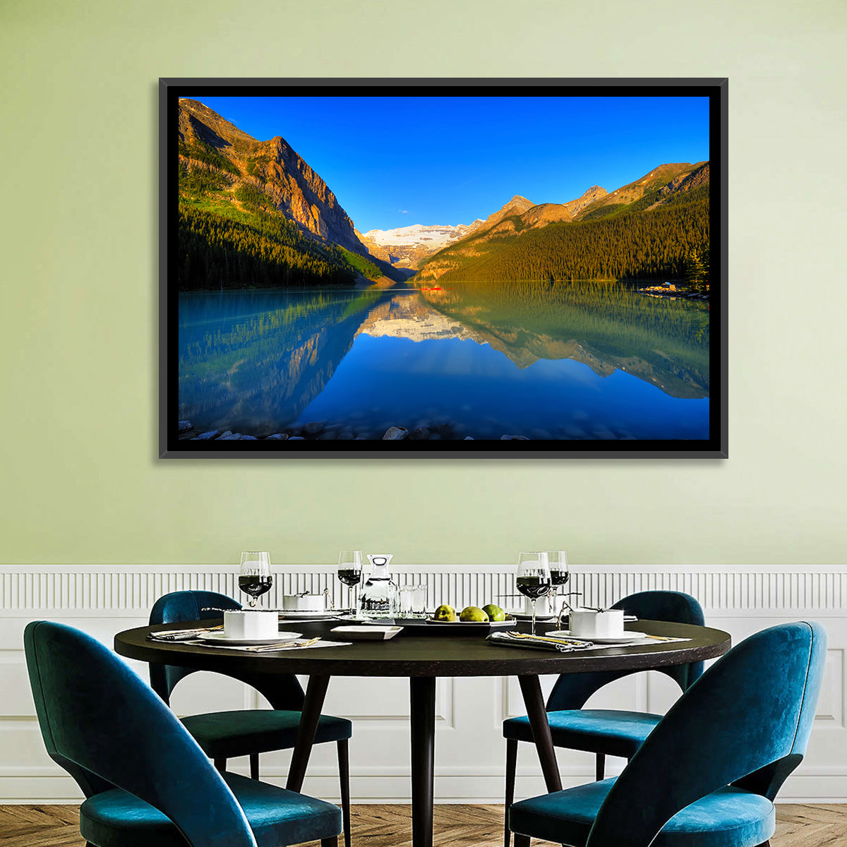 Lake Louise Canoe Reflection Wall Art in a room, landscape