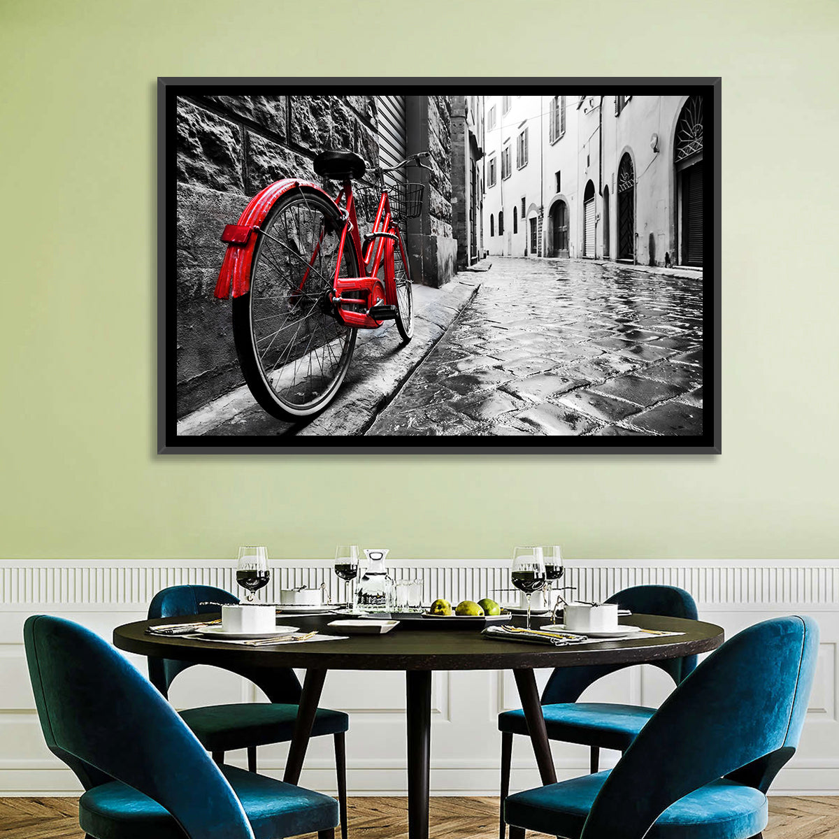 Red Bicycle on Rainy Cobblestone Street Wall Art in a room, landscape