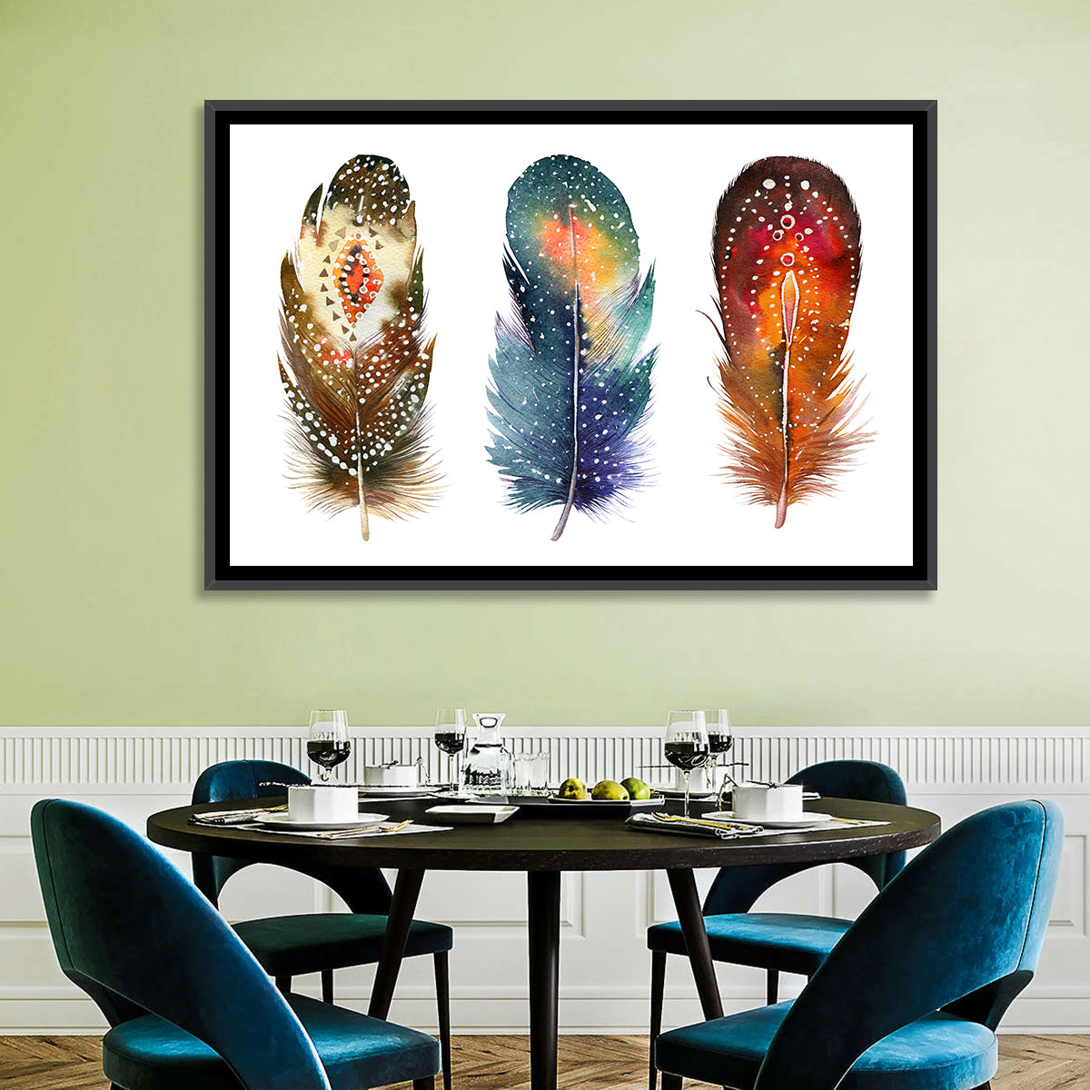 Boho Watercolor Feather Trio Wall Art in a room, landscape
