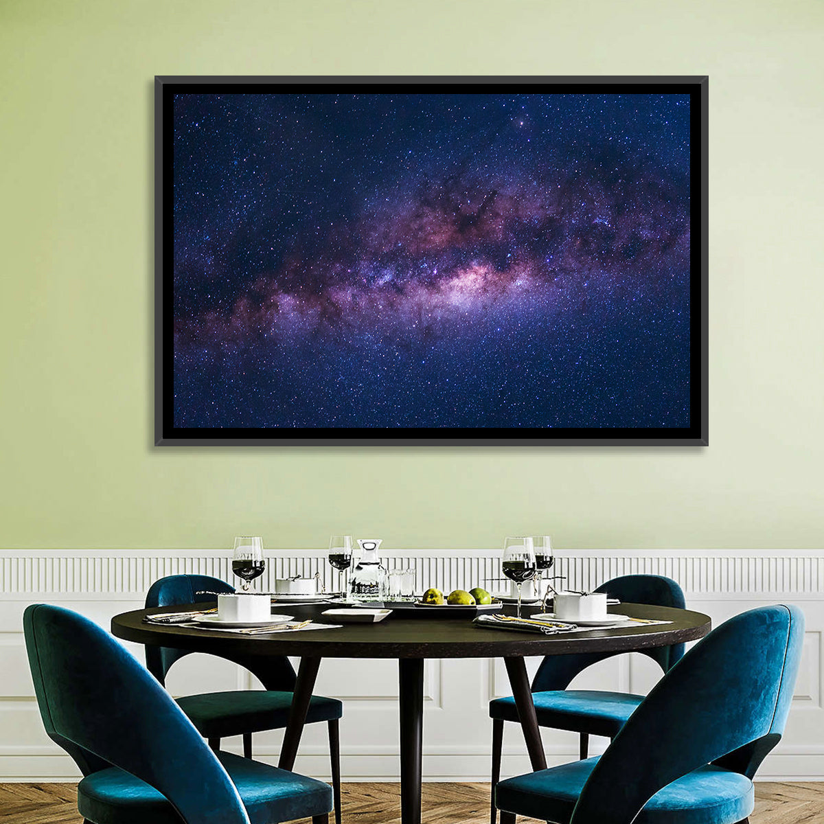 Violet Blue Milky Way Galaxy Wall Art in a room, landscape