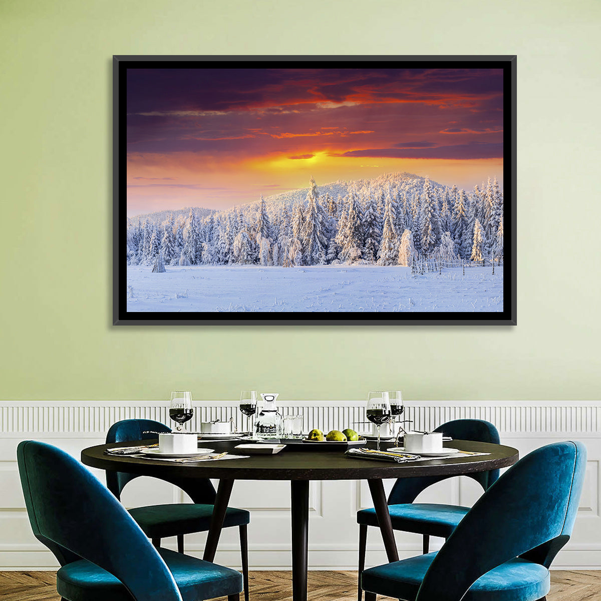 Snowy Forest Sunset Wall Art in a room, landscape