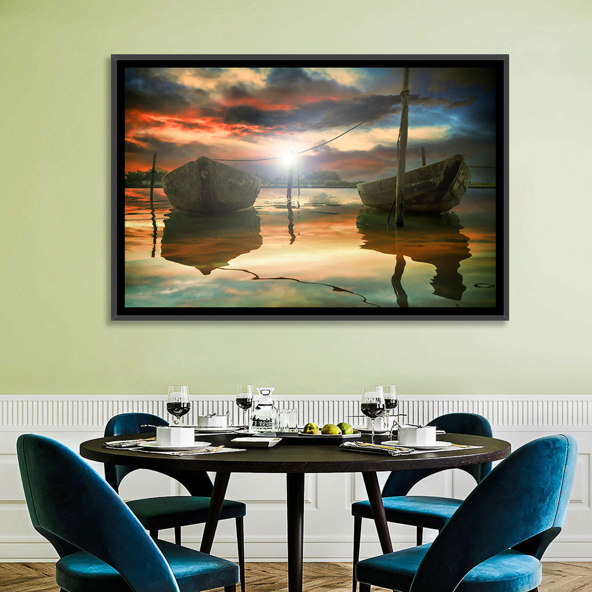 Two Wooden Boats at Sunset Wall Art in a room, landscape
