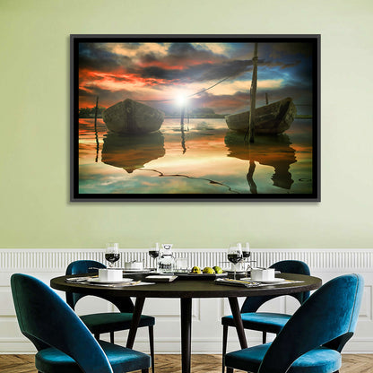 Two Wooden Boats at Sunset Wall Art