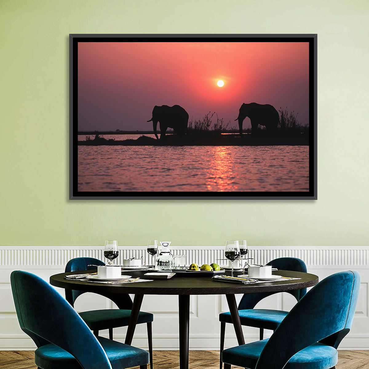 Elephants at Sunset Silhouette Wall Art