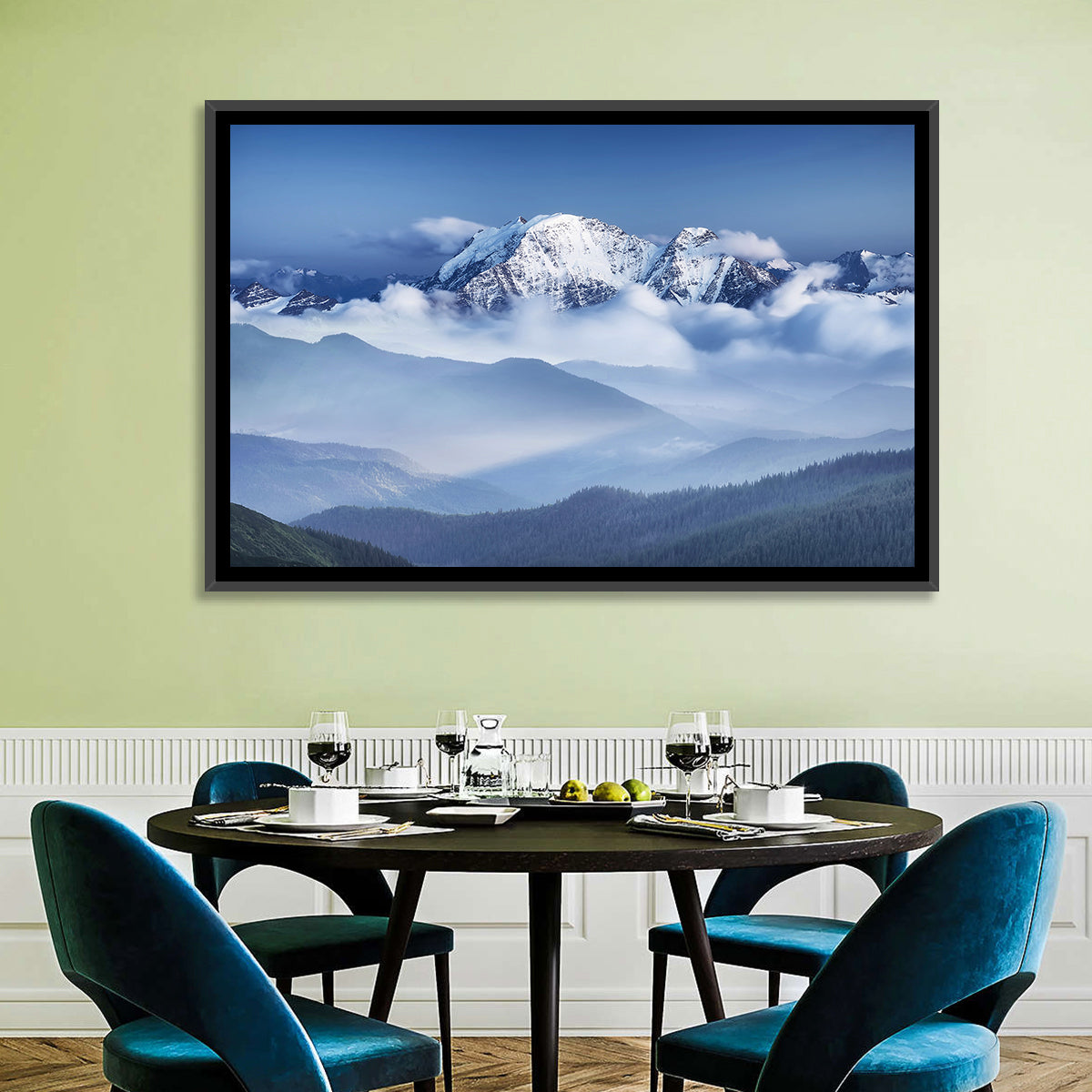 Snow-capped Peaks in Clouds Wall Art in a room, landscape