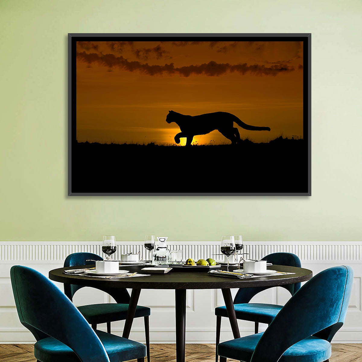 Cougar Silhouette at Sunset Wall Art in a room, landscape