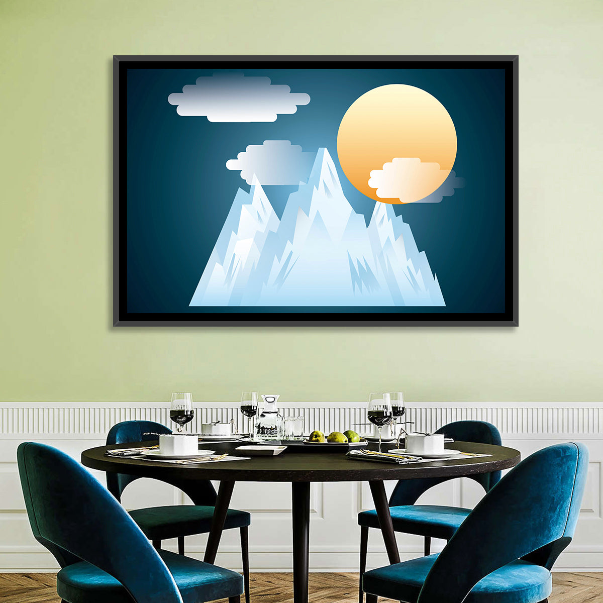Geometric Snowy Mountain with Golden Sun Wall Art in a room, landscape