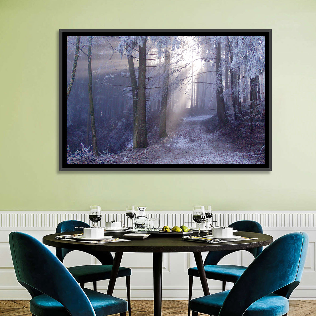 Frosted Forest Path at Dawn Wall Art in a room, landscape