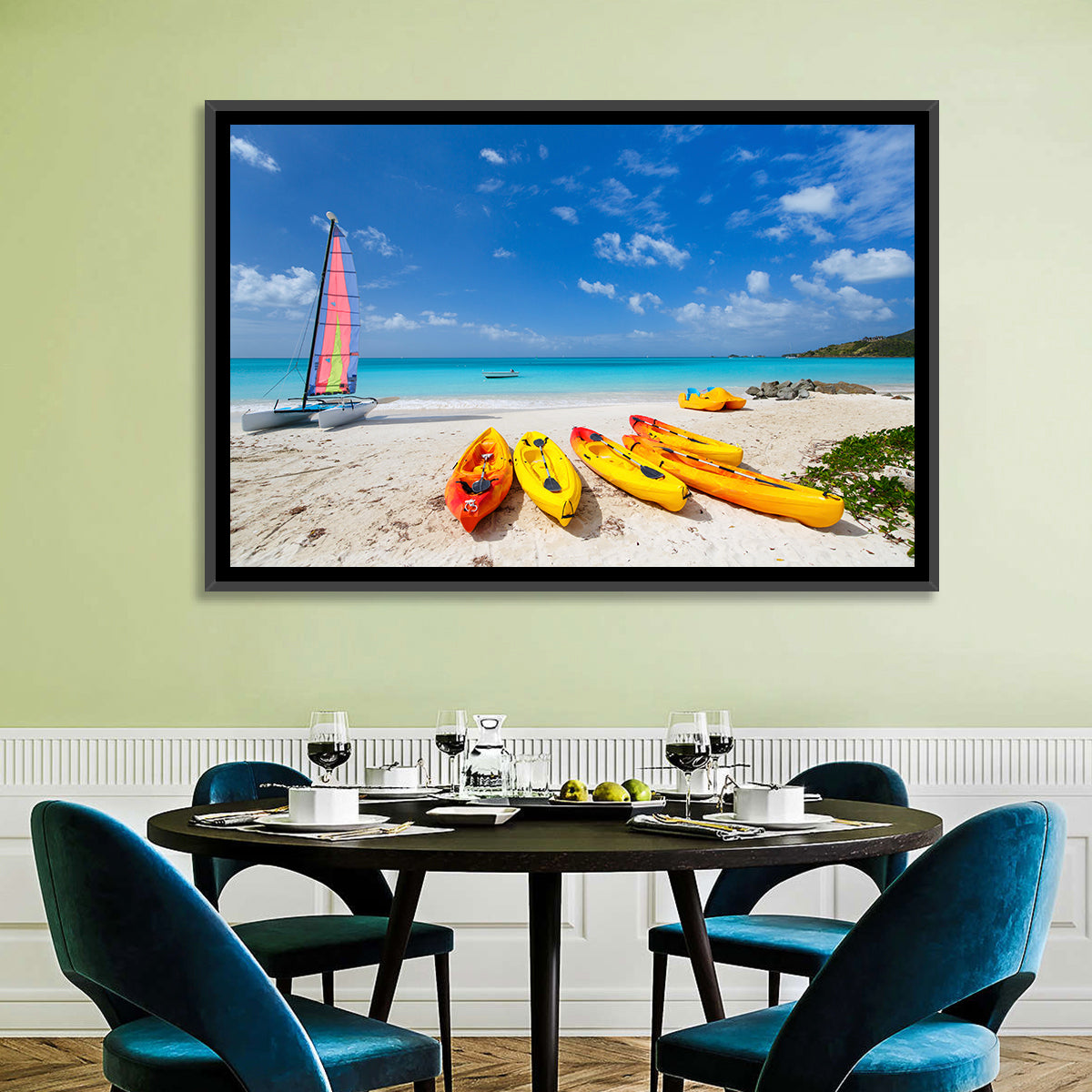 Yellow Kayaks on Tropical Beach Wall Art in a room, landscape