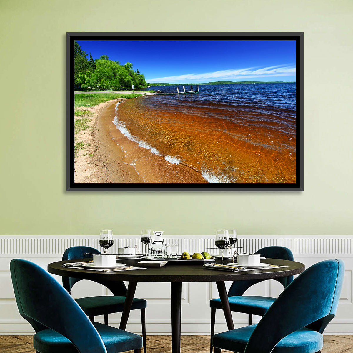 Lake Gogebic Sunny Shoreline Wall Art in a room, landscape