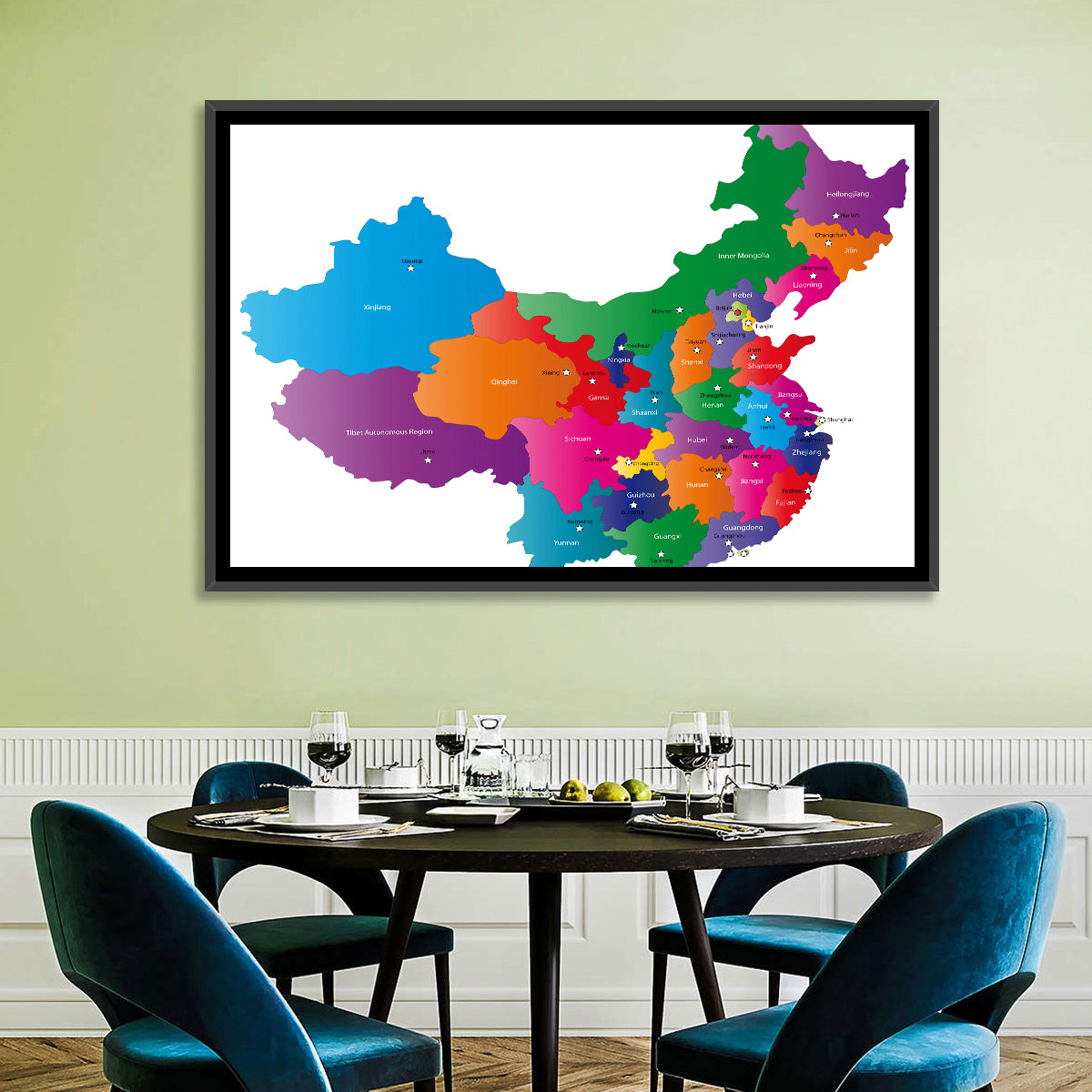 Colorful China Provinces Map Wall Art in a room, landscape