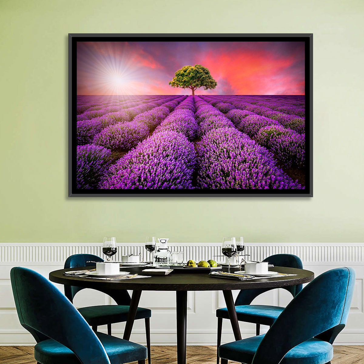 Sunset Over Lavender Fields Wall Art in a room, landscape