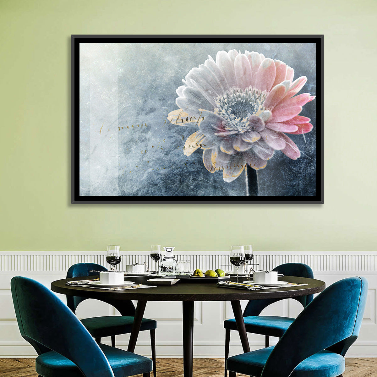 Winter Gerbera with Golden Script Wall Art in a room, landscape