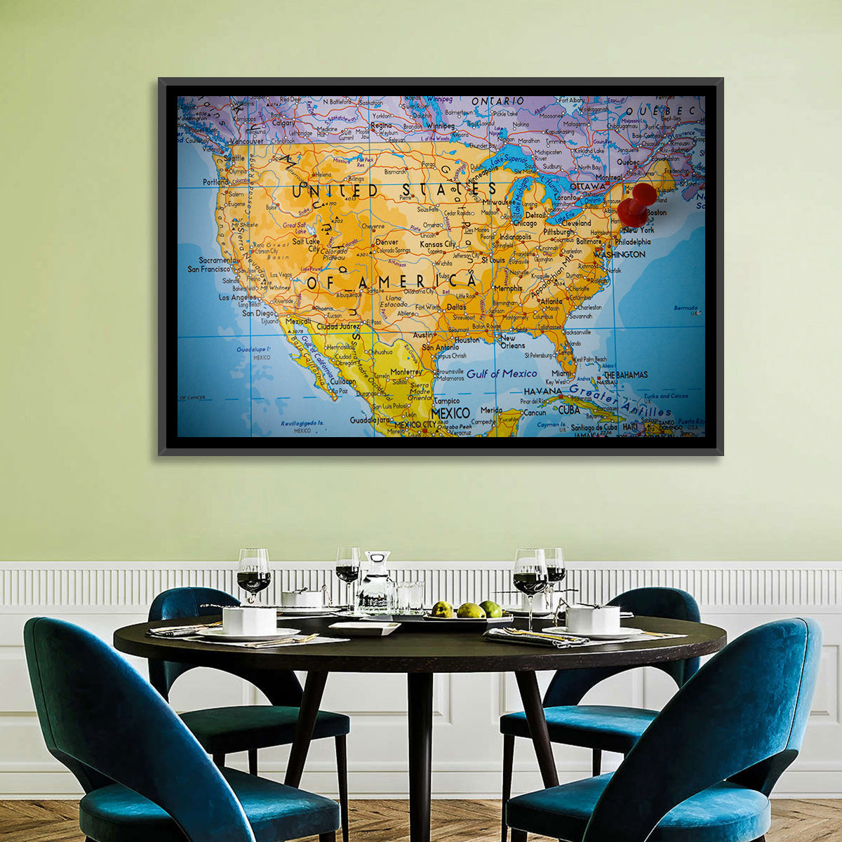 Vintage USA Map with Northeastern Pushpin Wall Art in a room, landscape