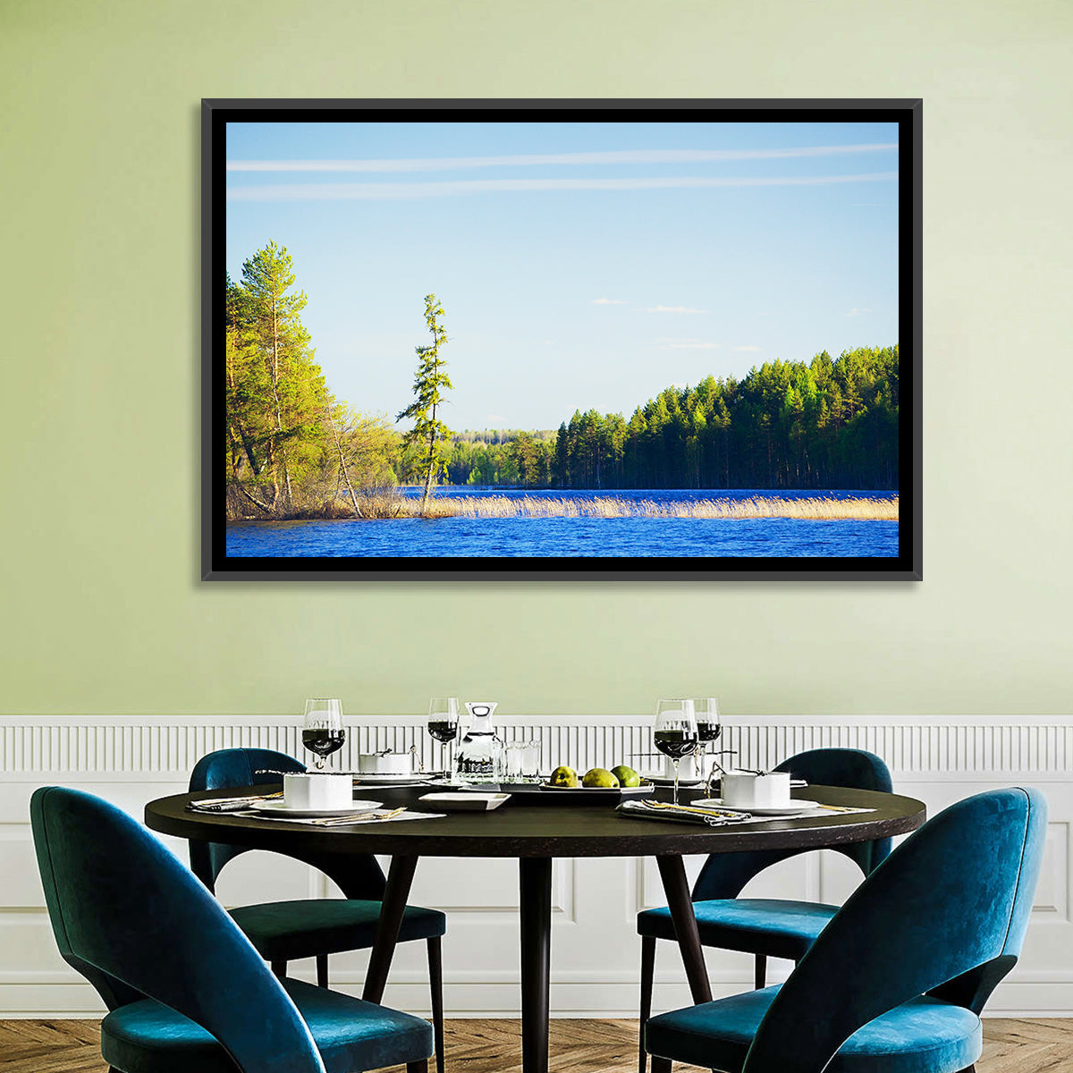 Summer Forest Lake Shoreline Wall Art in a room, landscape