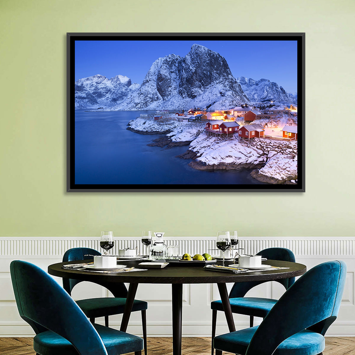Hamnøy Red Cabins at Winter Dusk Wall Art in a room, landscape