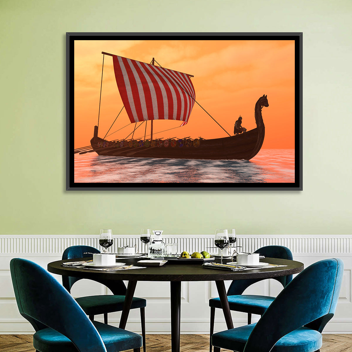 Viking Longship at Dusk Wall Art in a room, landscape