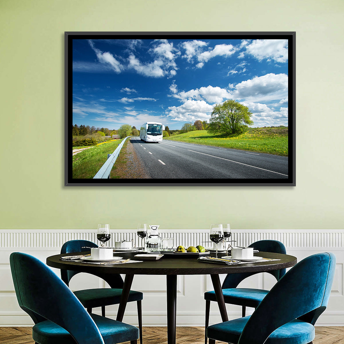 White Bus on Meadow Road Wall Art in a room, landscape