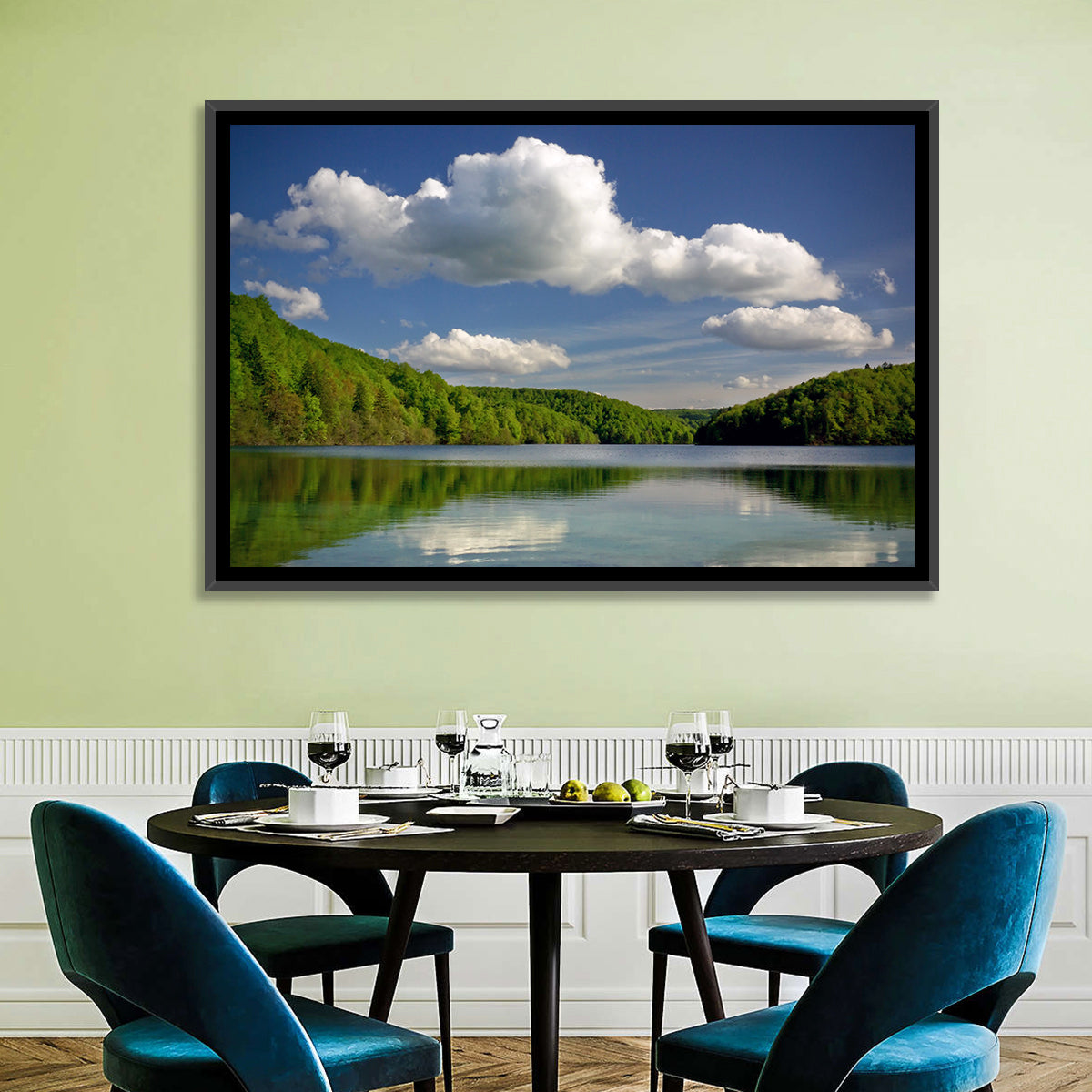 Plitvice Forest Lake Scene Wall Art in a room, landscape