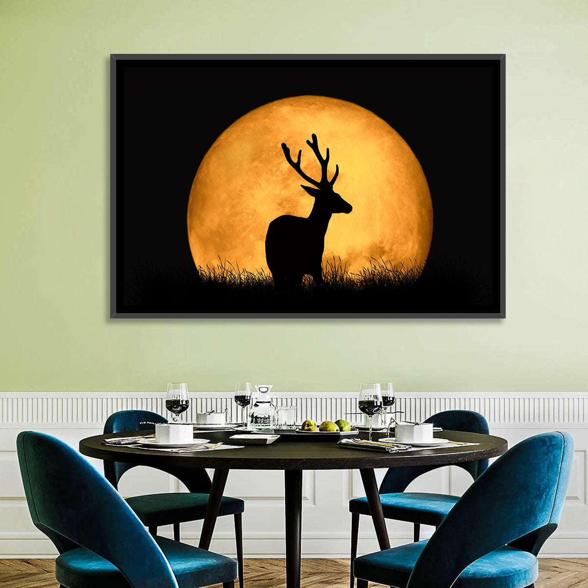 Buck Silhouette Under Red Moon Wall Art in a room, landscape