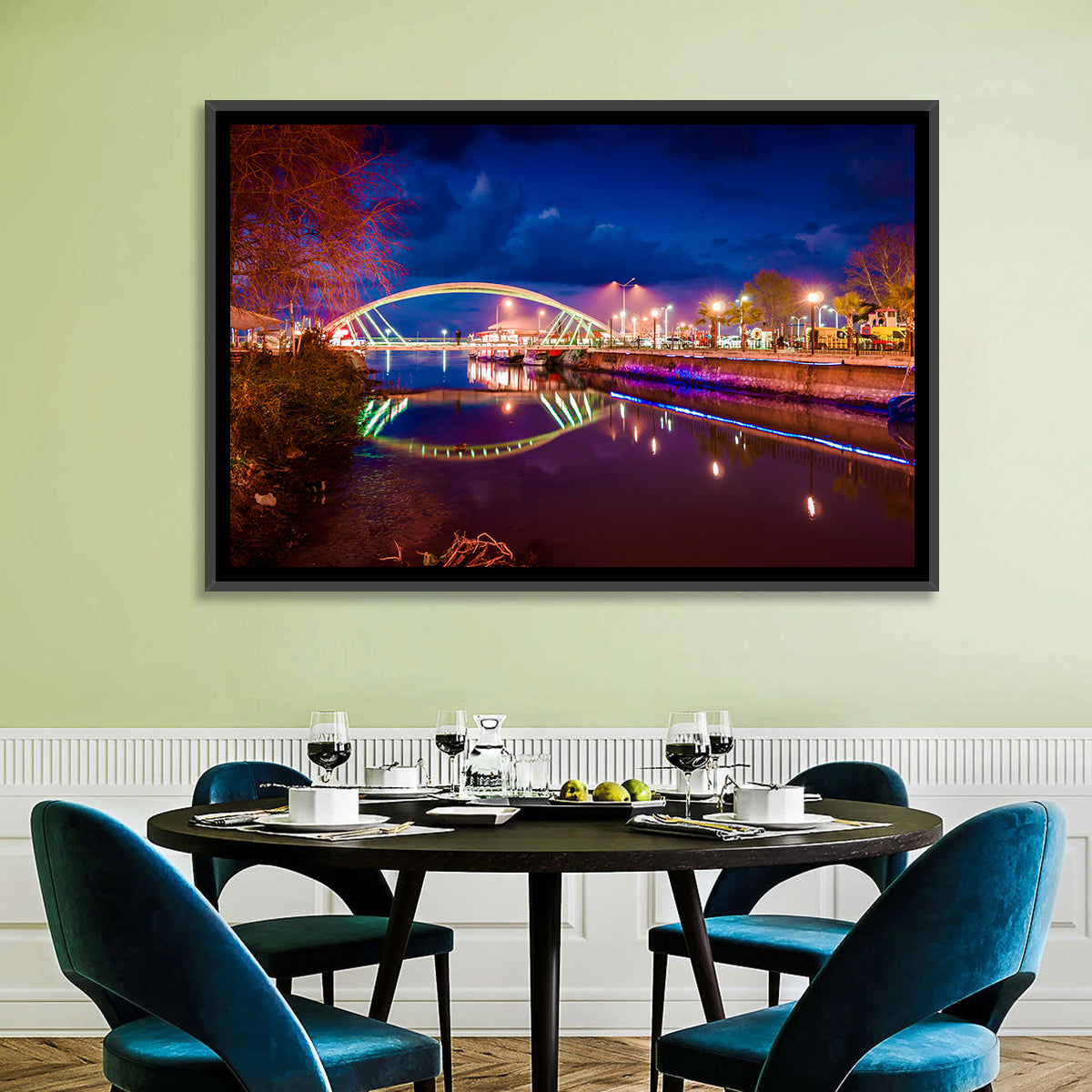 Lovers Bridge Nightscape Wall Art in a room, landscape