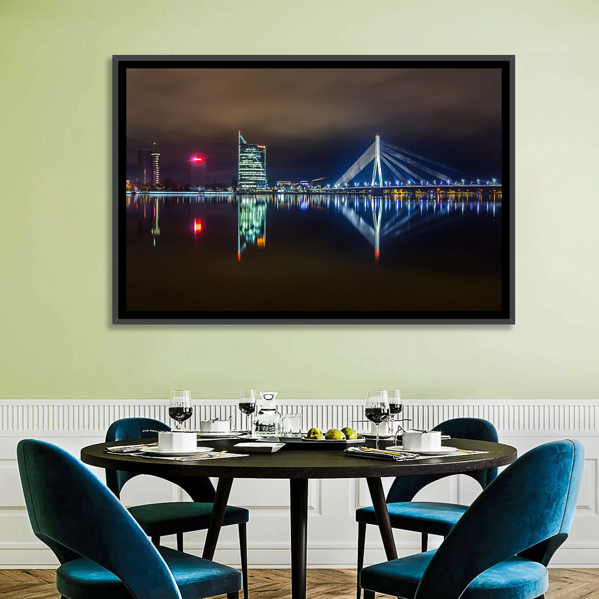 Vanšu Bridge Night Skyline Wall Art in a room, landscape